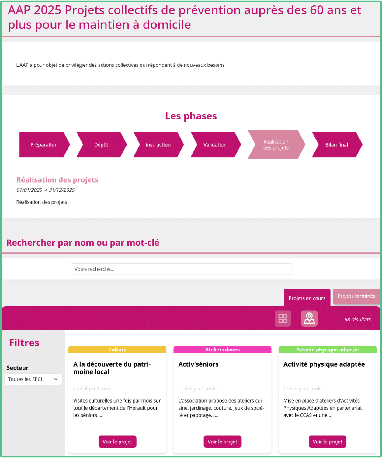 Capture d'écran qui représente la page d'un appel à projets (frise chronologique avec les étapes, vignettes des projets déposés)