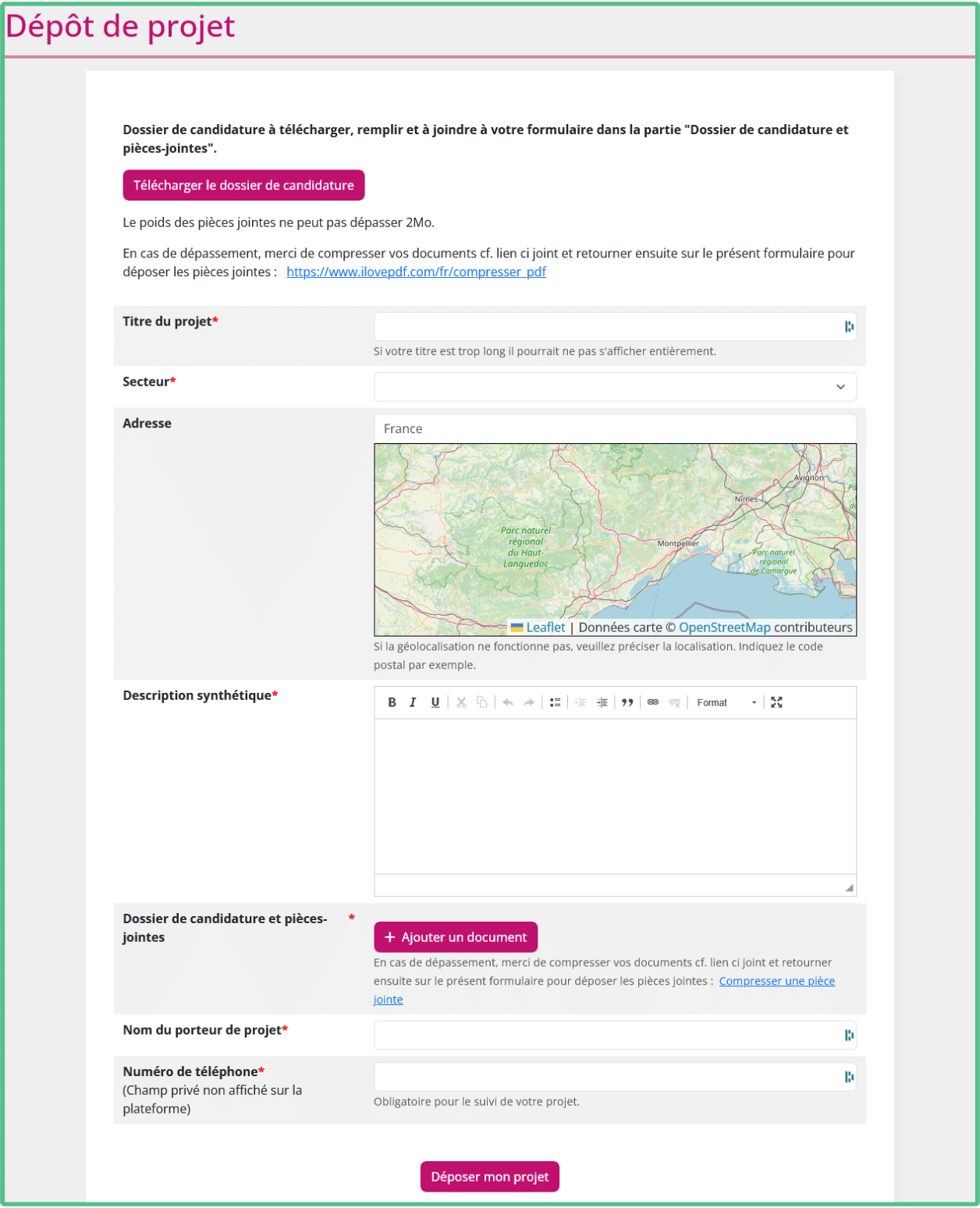 Capture d'écran représentant le formulaire de dépôt des projets